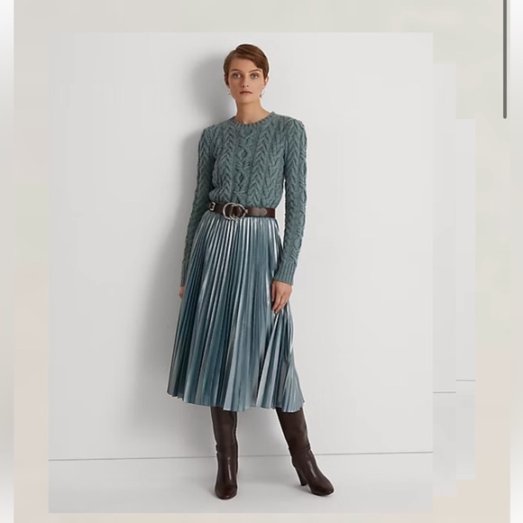 Lauren Ralph Lauren Women’s Sz 18 Pleated Aqua Metallic Chiffon Skirt $225 K6 - Picture 1 of 6